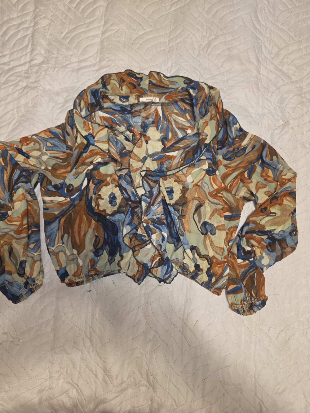 TIMING Print Elastic Waist And Sleeve Pull Over Blouse in Blue & Brown XL